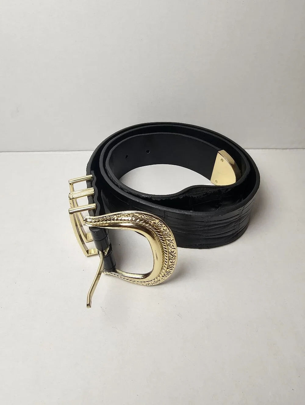 Topshop Faux Croc Black Women's Belt with Decorative Gold Buckle Size S/M 19x15